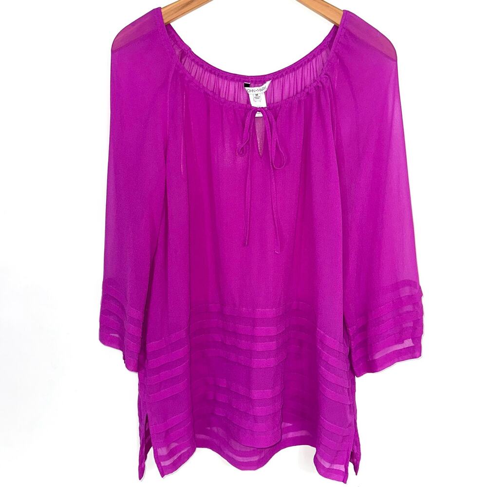 John Mark Purple Sheer Silk 3/4 Sleeve Tie Neck Blouse Size Medium